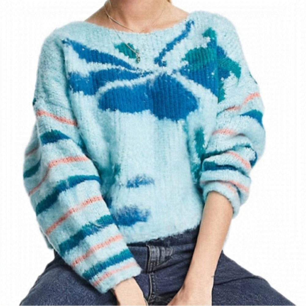 NWT Free People Lily Mixed Print Cropped Sweater, Sky Blue, Size XS